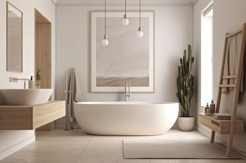 Freestanding bathtub with modern fixtures